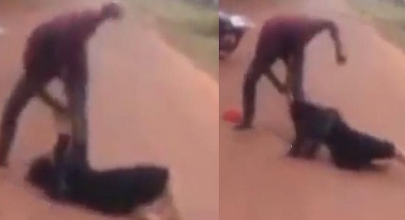 Man beats up a woman in the middle of the road