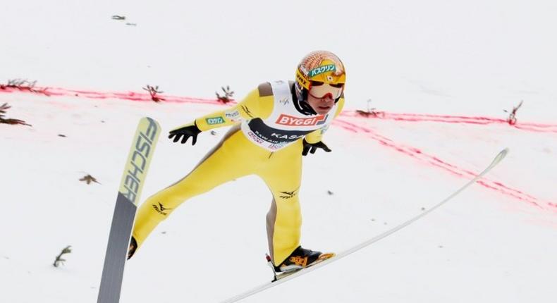 Noriaki Kasai from Japan soars during the FIS Ski Jumping World Cup in Vikersund, on March 19, 2017