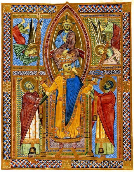 Koronacja Henryka II, Chrystus nakłada mu koronę na głowę. Na znak potęgi Emmeram (z prawej) podarował mu cesarski miecz, a Ulryk I Augsburg (z lewej) Świętą Włócznię (Domena publiczna)