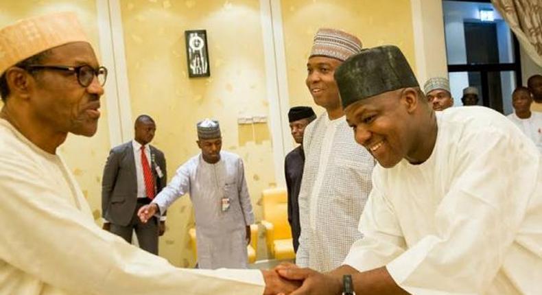 Senate President, Bukola Saraki with President Muhammadu Buhari during a meeting at the Presidential Villa on April 26, 2016.