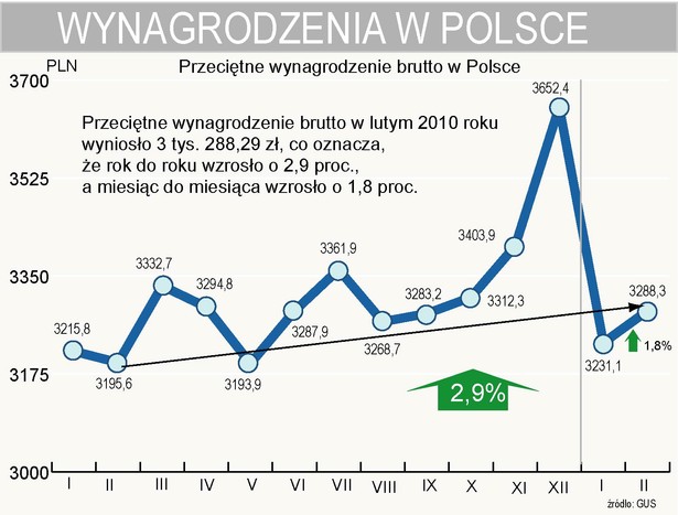 Przeciętne wynagrodzenie brutto w Polsce w lutym wzrosło o 2,9 proc. do 3 tys. 288,29 zł