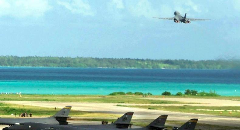 A US jet bomber lifts off from the Diego Garcia base on a mission to Afghanistan in 2001