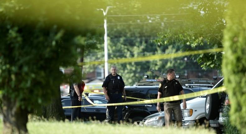 Police tape cordons off the scene of an early morning shooting in Alexandria, Virginia, on June 14, 2017