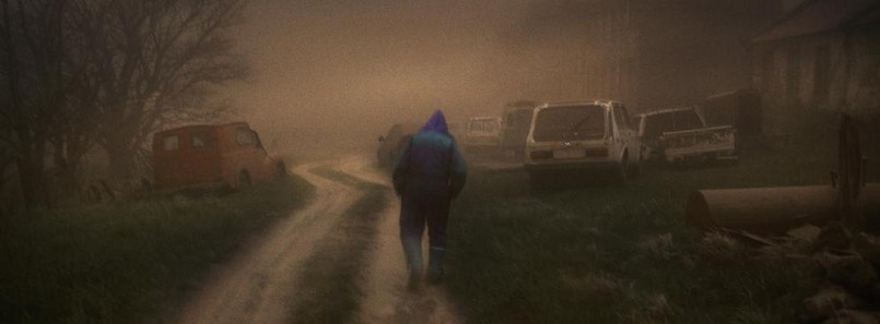 Człowiek otoczony przez chmurę pyłu wulkanicznego z wulkanu Grimsvotn na Islandii