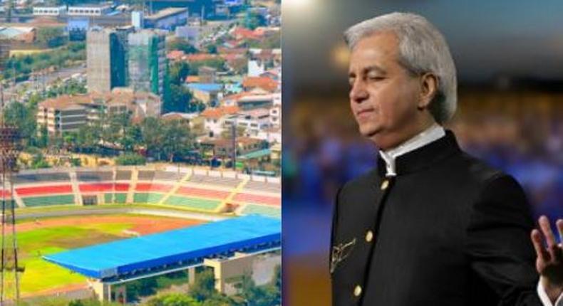 A collage image of Nyayo National Stadium and televangelist Benny Hinn who has a crusade on February 24, 2024 at the same venue