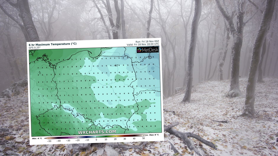 W piątek w większości kraju czeka nas iście zimowa pogoda (mapa: wxcharts.com)