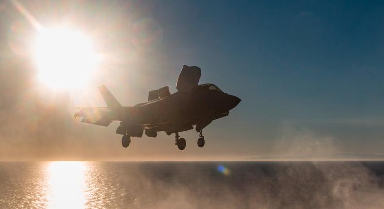 An F-35 lands on the USS America.