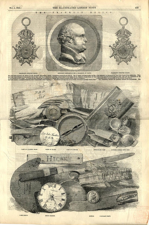 Pamiątki po wyprawie Franklina na rysunku w Illustrated London News, 1854 rok