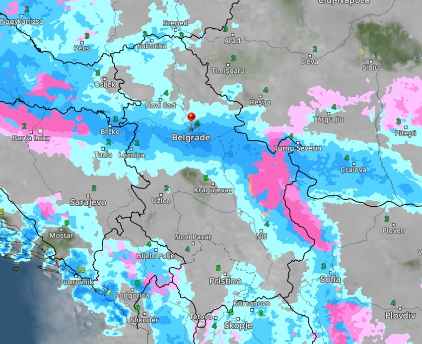 Kretanje kiše i snega sutra u 9 časova 