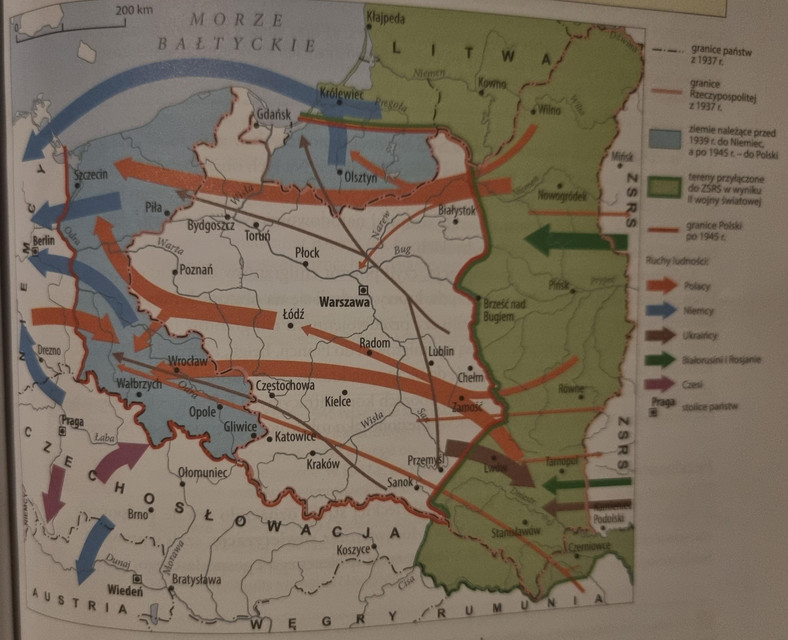 Mapa migracji po II wojnie światowej.
