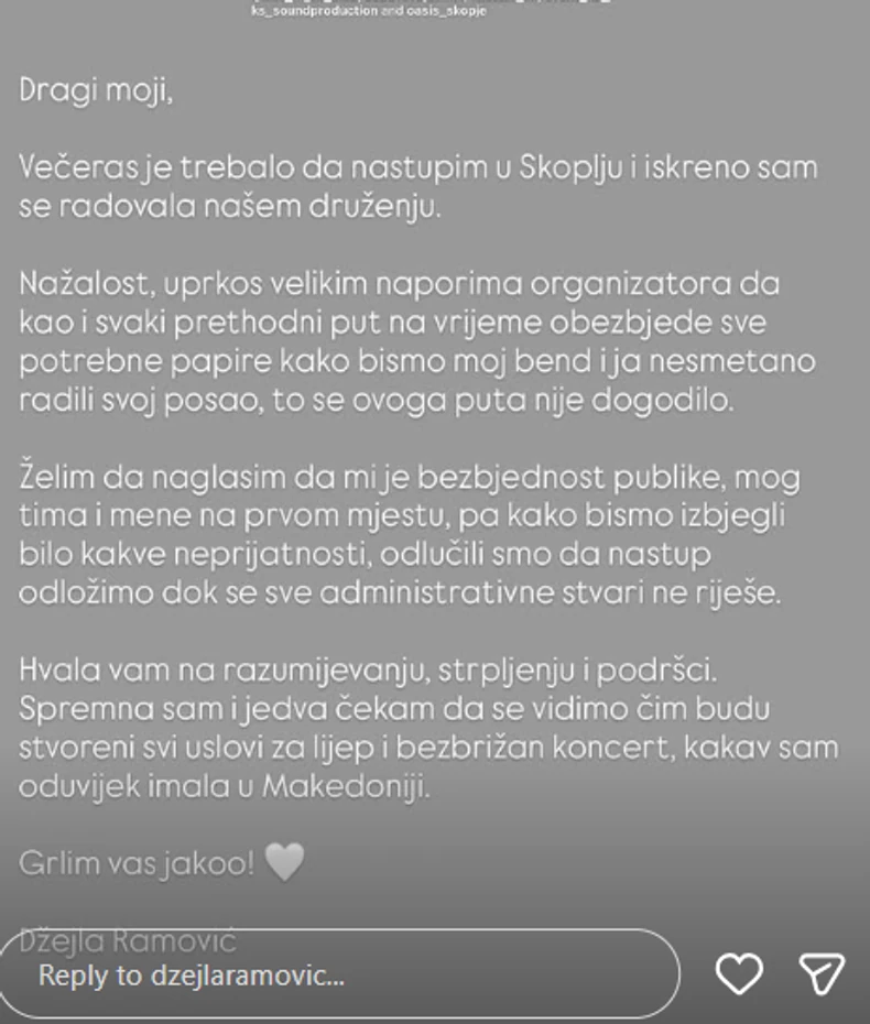 Džejla Ramović otkazala nastup u Skoplju 