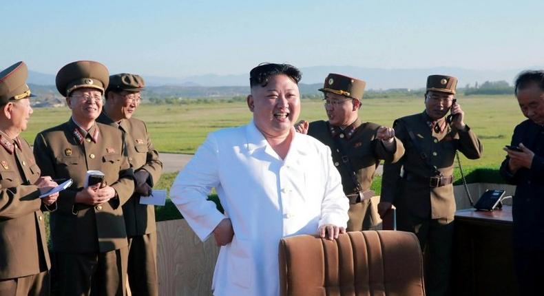 North Korean leader Kim Jong-Un (centre) oversaw the test of a new anti-aircraft missile system on May 28, 2017