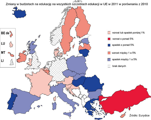 Zmiany w budżetach na edukację na wszystkich szczeblach edukacji w UE w 2011 w porównaniu z 2010