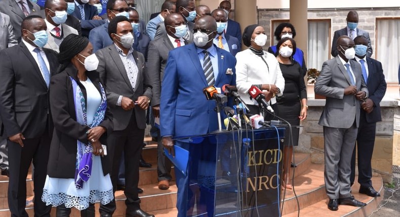 Education CS George Magoha with other education sector stakeholders during a press briefing on Monday November 16, 2020