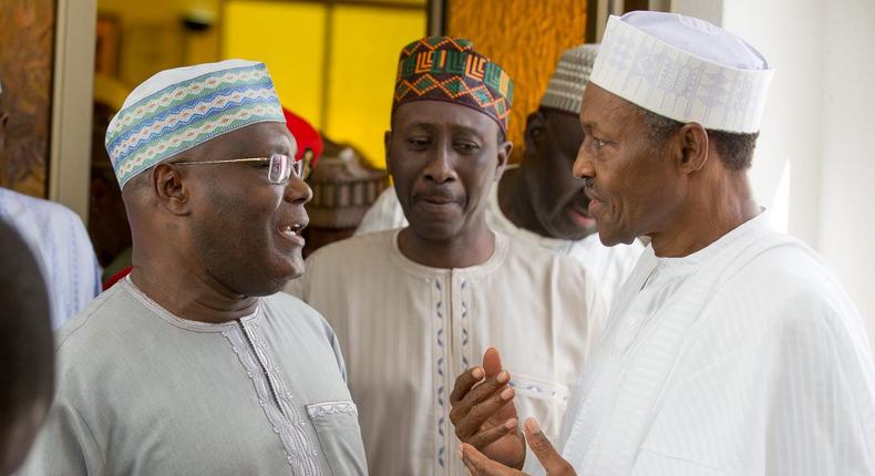 Atiku Abubakar (left) has told the tribunal to nullify the victory of President Muhammadu Buhari (right) and declare him the winner of the 2019 presidential election [BBC]