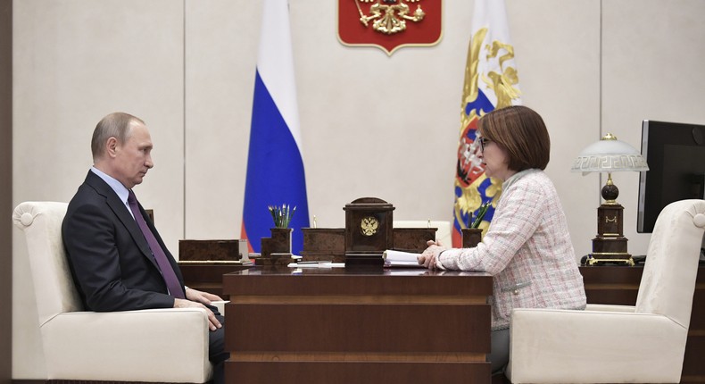 Russian President Vladimir Putin in a meeting with Bank of Russia Governor Elvira Nabiullina.Sputnik/Alexei Nikolskiy/Kremlin/Reuters