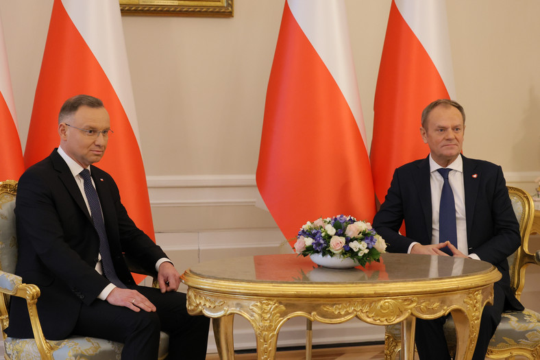 Prezydent i premier podczas spotkania w Pałacu Prezydenckim,15.01.2024