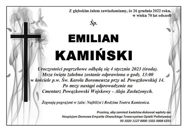 Informacje o pogrzebie Emiliana Kamińskiego (nadesłane przez Teatr Kamienica)