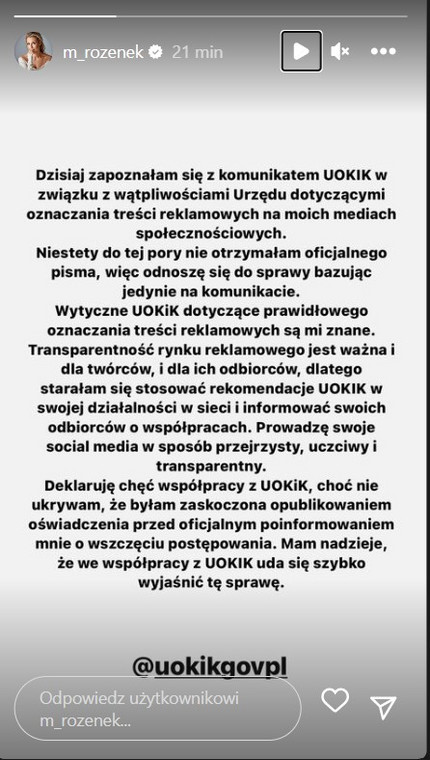 InstaStory z profilu Małgorzaty Rozenek-Majdan