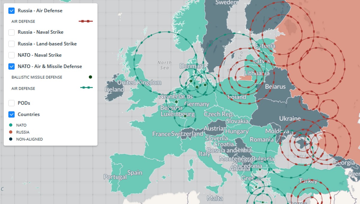 Zasięg rakiet Rosji i NATO w Europie, screen interaktywnej mapy: https://csis.carto.com/builder/20149366-a13e-11e6-9c96-0e3ff518bd15/embed