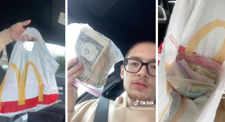 A TikToker said he returned a bag of money to McDonald's in a video viewed 1.9 million times.TikTok: @dookiedoeboy, Josiah Vargas