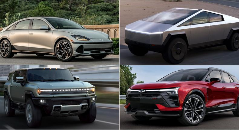 The Hyundai Ioniq 6, Tesla Cybertruck, GMC Hummer EV, and Chevy Blazer EV.Hyundai, Tesla, GMC, Chevrolet