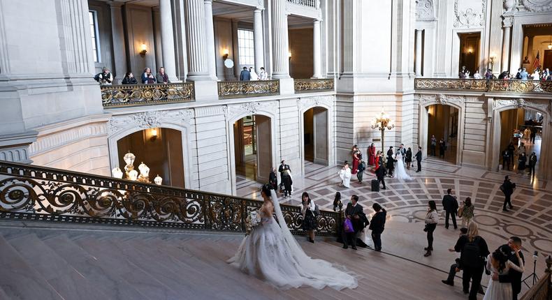 A bride in San Francisco City Hall on Valentine's Day 2023.Tayfun Coskun/Anadolu Agency via Getty Images