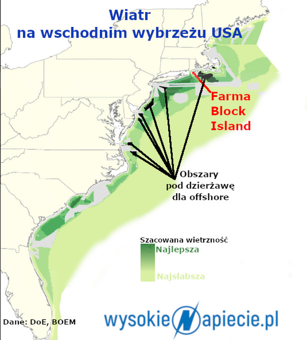 Wiatr na wschodnim wybrzeżu USA