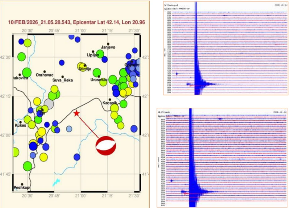 Na slici levo, prikazan je položaj epicentra zemljotresa koji je registrovan 10. februara u 22:05 po lokalnom vremenu, koji je označen simbolom crvene zvezde, kao i tip njegovog mehanizma žarišta, na karti epicentara ranije dogođenih, jačih zemljotresa (označeni simbolom kruga), a na slikama desno su prikazani pojedinačni seizmogrami dogođenog zemljotresa na seizmološkim stanicama Nacionalne seizmološke mreže Republike Srbije - Bosilegrad (BOSS) i Prvonek (PRVS).