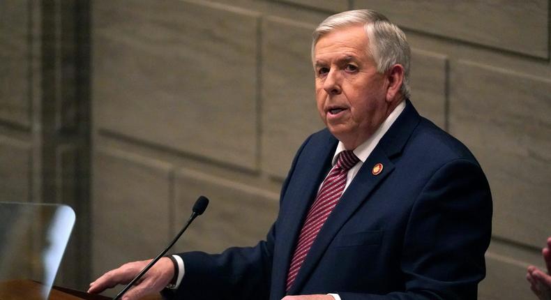 Missouri Gov. Mike Parson delivers the State of the State address in Jefferson City in January 2021.