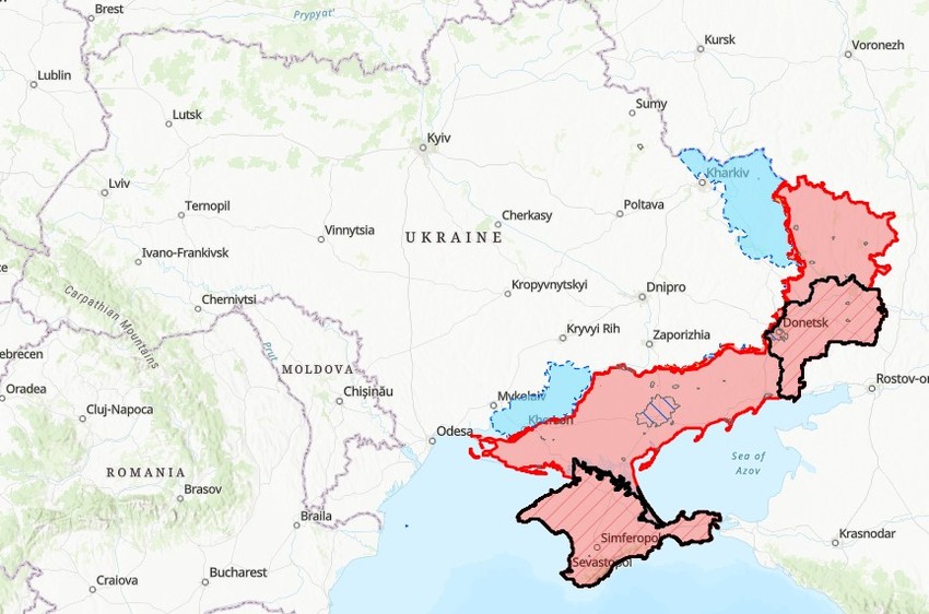 Mapa rata u Ukrajini: Crvenom bojom su obeležene teritorije koje drži Rusija, a plavom teritorije gde se odvijaju ukrajinski protivnapadi