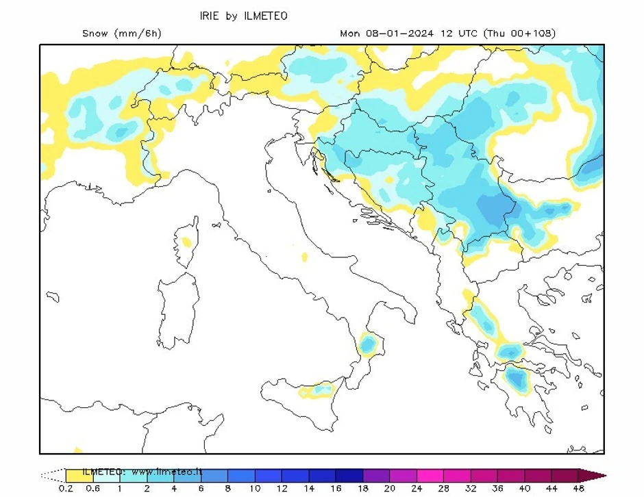 Mapa, model IRIE Ivana Ristića koji pokazuje visinu snega u ponedeljak 8. januara