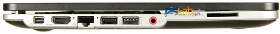 Lewa strona: mini-DisplayPort, HDMI, RJ45, USB 2.0, USB 3.0, gniazdo audio, czytnik kart pamięci