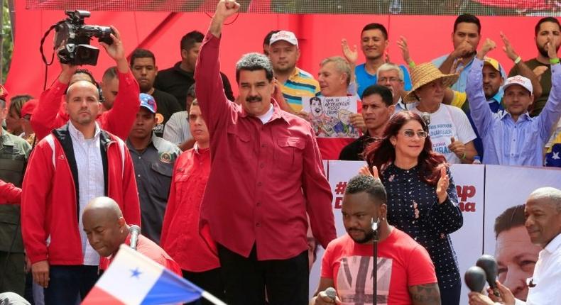 Venezuelan President Nicolas Maduro addresses a rally against US President Donald Trump, in Caracas, on August 14, 2017