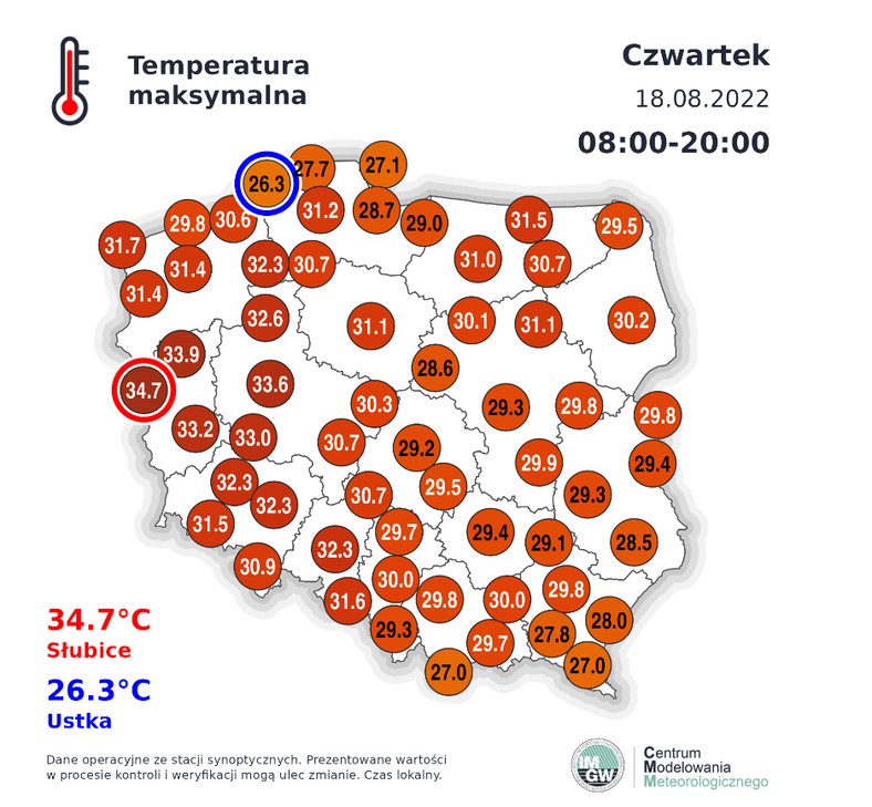 Temperatura maksymalna w Polsce w czwartek, 18 sierpnia