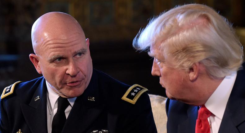President Donald Trump, right, listens to Army Lt. Gen. H.R. McMaster, left, at Trump's Mar-a-Lago estate in Palm Beach, Fla., Monday, Feb. 20, 2017, where Trump announced that McMaster will be the new national security adviser.