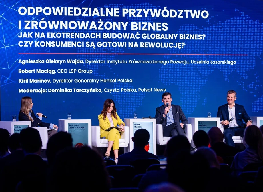 Uczestnicy panelu, od lewej: Dominika Tarczyńska, Czysta Polska, Polsat News.Agnieszka Oleksyn Wajda Dyrektor Instytutu Zrównoważonego Rozwoju, Uczelnia Łazarskiego, Robert Maciąg – CEO LSP Group, Kiril Marinov – Dyrektor Generalny Henkel Polska.