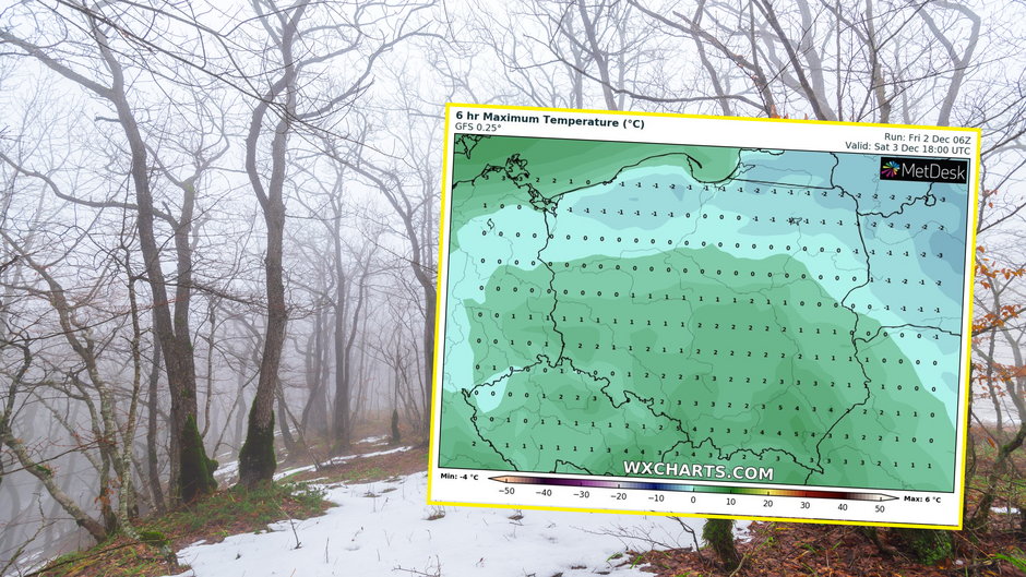W sobotę będą regiony odwilżowe, jak i z iście zimową pogodą (mapa: wxcharts.com)