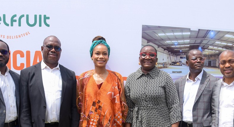 From left: Head, Agribusiness & Structured Trade Commodity Finance, First City Monument Bank (FCMB), Mr. Daniel Olorunsuyi; Divisional Head, Agribusiness and Non-Oil Exports of the Bank, Mr. Kudzai Gumunyu; Founder/Chief Executive Officer, Nature's Bounty Health Products Limited, Affiong Williams; Regional Head, Lagos, FCMB, Mrs. Omowunmi Kalejaiye; Zonal Head, Lekki/Victoria Island, Mr. Kola Kareem and Manager, Adeola Odeku Branch of the Bank, Mr. David Ujah, during the commissioning ceremony of the ReelFruit factory of Nature's Bounty Health Products Limited, held in Abeokuta, Ogun State recently. The construction of the factory was funded by FCMB.