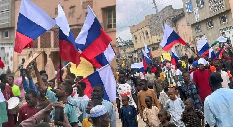 Protesters flying Russian flags on the streets of Kano. [X, formerly Twitter]