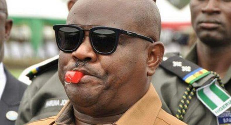 Rivers Governor Nyesom Wike blows a whistle