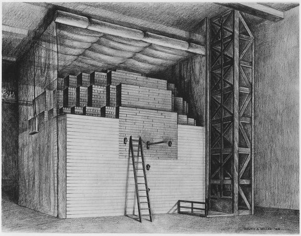 Reaktor CP-1 zbudowany z drewnianych belek, grafitowych cegieł i uranu. Żeby zachować tajność projektu, zezwolono tylko na wykonywanie szkiców