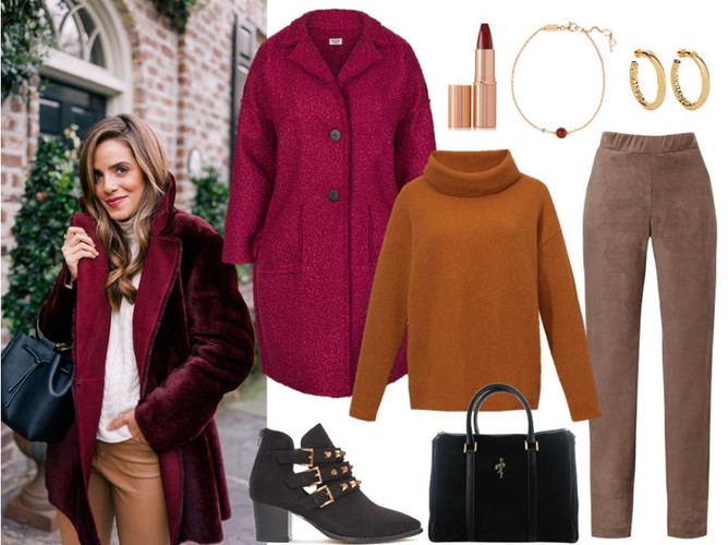 Modne i wygodne STYLIZACJE na zimne dni: bordowy płaszcz – Karko/ www.karko.pl, sweter i spodnie - Cotton Club/ cottonclub.pl, buty i torebka - Menbur/menbur.pl, pozostałe dodatki - TK MAXX