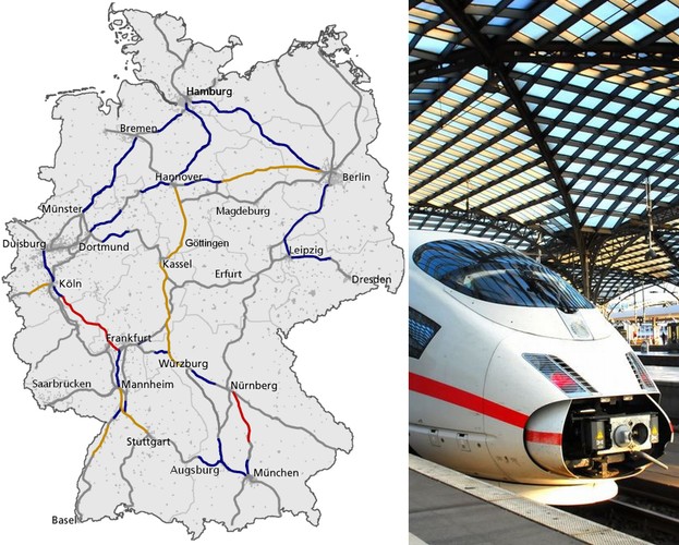 Nasz zachodni sąsiad rozpoczął budowę sieci szybkich kolei w latach 80. XX wieku, zaś 1991 roku pierwszy pociąg ICE przejechał odcinek z Hamburga, przez Frankfurt, Stuttgart do Monachium. Niemiecka sieć jest nieco mocniej niż francuska zintegrowana z istniejącą wcześniej siecią kolejową. Na mapie kolorem czerwonym zaznaczono linie przystosowane do jazdy z prędkością 300 km/h, na żółto – do jazdy z prędkością od 250-280 km/h, na niebiesko do jazdy z prędkością od 200 do 230 km/h, zaś na szaro pozostałe linie, przystosowane do jazdy z maksymalną prędkością 160 km/h. Na slajdzie: Mapa sieci kolei dużych prędkości (ICE) w Niemczech. Źródło: Wikimedia Commons. Źródło: ice-fanpage.de.