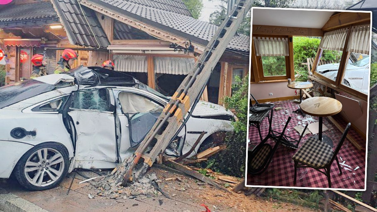 Rozpędzony Jaguar niemal wbił się w kawiarnię. Kierowca uciekł, a cukiernia działa dalej