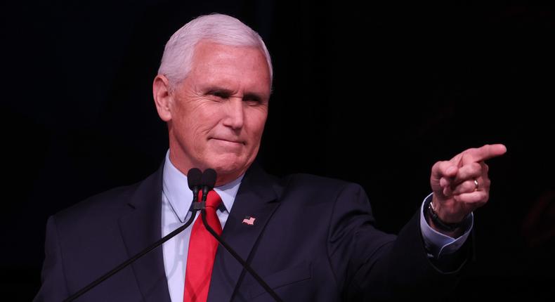 Former US Vice President Mike Pence speaks during the Advancing Freedom Lecture Series at Stanford University on February 17, 2022 in Stanford, California.