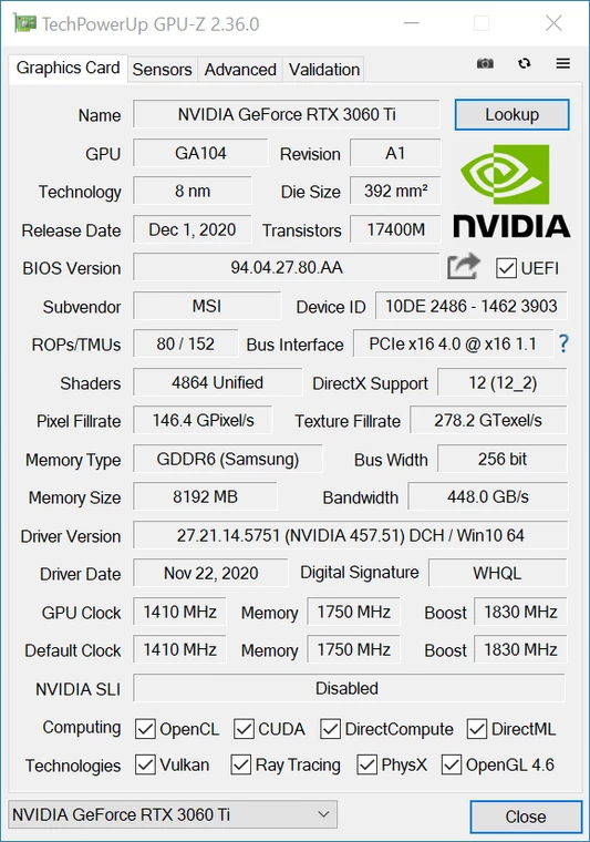 MSI GeForce RTX 3060 Ti Gaming X Trio – specyfikacja w GPU-Z