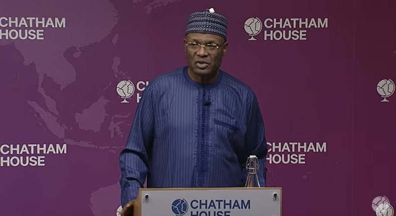 Prof. Mahmood Yakubu, the National Chairman of the Independent National Electoral Commission (INEC) speaking at Chatham House in London. (Channels TV)