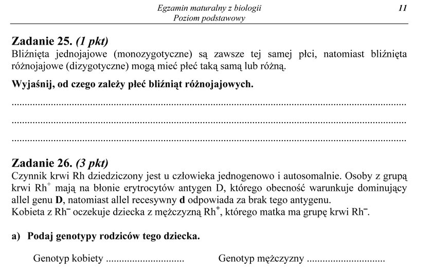 Arkusz egzaminacyjny z biologii z zadaniem 25 i 26