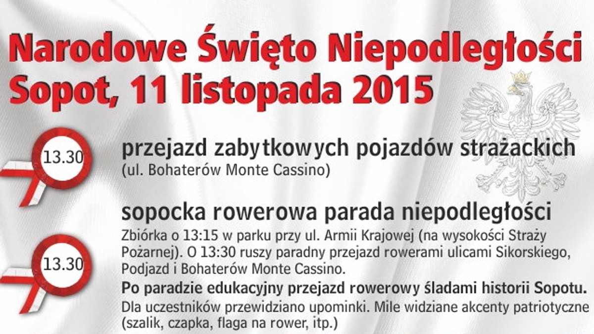 Kurort w tym roku postanowił połączyć elementy tradycyjne, czyli Światełko dla Polski i koncert pieśni patriotycznych, z tymi mniej typowymi, jak rowerowa parada. Jej początek zaplanowano na godzinę 13.30, 11 listopada.